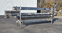 used, THREE-LEVEL INSPECTION BELT / CORING CONVEYOR / TRIM TABLE / FRUIT and VEGETABLE PACKING CONVEYOR, stainless steel, 8-12 station, Alard item Y3980