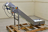 used, WeighPack Systems ELEVATING CONVEYOR BELT, 14 inch wide, flighted belt, food grade, stainless steel, Alard item Y5673